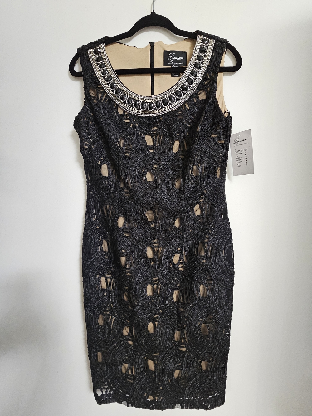 Frank Lyman Design Black Lace Overlay Midi Dress with Embellished Scoop